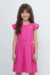 Girl's Tomato Store Sweet Bloom Dress Regular Fit Tonal Chest Script Detail Clean Plain Surface Gathered Waistline Ruffle Shoulder Trim