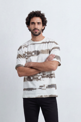 Men’s Tomato Store Brushline Stripe T-Shirt Painted Horizontal Stripe Artwork Across Body Rough Edge Print Texture Relaxed