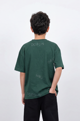 Boys’ Tomato Store Wind Script T Shirt Scattered Handwritten Typography Across The Body Dotted Line Accents Plain Surface Oversized