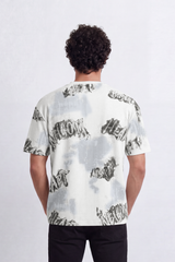 Men’s Tomato Store Static Wordmark T-Shirt Allover Grunge Typography Artwork Mixed With Faded Wash Panels Fine Vertical Texture Relaxed