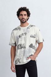 Men’s Tomato Store Static Wordmark T-Shirt Allover Grunge Typography Artwork Mixed With Faded Wash Panels Fine Vertical Texture Relaxed