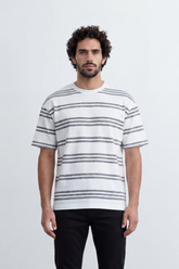 Men’s Tomato Store Parallel Wash T-Shirt Texture Allover Horizontal Stripe Print Distressed Line Effect Relaxed Fit