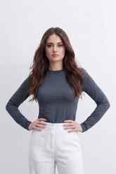 Women's Tomato Store Soft Stretch Jersey Long Sleeve Top Clean Crew Neck Sleek T-Shirt