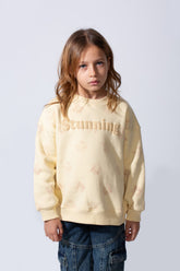 Girl's Crew Neck Long Sleeves Playful Print Front Textured Logo Slim Fit Melton Sweatshirt