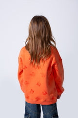 Girl's Crew Neck Long Sleeves Playful Print Front Textured Logo Slim Fit Melton Sweatshirt