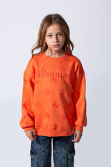Girl's Crew Neck Long Sleeves Playful Print Front Textured Logo Slim Fit Melton Sweatshirt