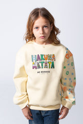 Girl's Long Sleeve Round Neckline With Unique Contrast Sleeve Decorated Playful Multicolor Pattern Slim Fit Melton Sweatshirt
