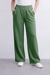 Women’s Tomato Store Cloud Ease Wide Leg Pants Soft Brushed Texture Clean Plain Surface Elastic Waist Side Pockets Full Length Flowing Shape