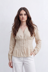 Women’s Tomato Store Pintuck Muse Blouse Washed Grain Surface Shaped Structured Pintuck Waist