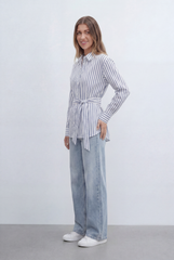Women’s Tomato Store Classic Striped Shirt With Adjustable Waist Tie Button Front Design