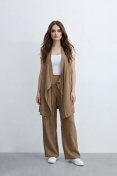Women’s Tomato Store Nomad Linen Co-Ord Set With Crinkle Slub Texture Plain Dyed Surface Draped Outfit Paperbag Waist Front Tie Detail Relaxed Flowing Fit