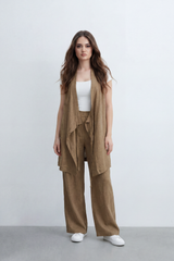 Women’s Tomato Store Nomad Linen Co-Ord Set With Crinkle Slub Texture Plain Dyed Surface Draped Outfit Paperbag Waist Front Tie Detail Relaxed Flowing Fit