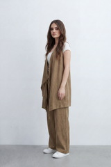 Women’s Tomato Store Nomad Linen Co-Ord Set With Crinkle Slub Texture Plain Dyed Surface Draped Outfit Paperbag Waist Front Tie Detail Relaxed Flowing Fit