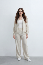 Women’s Tomato Store Pinstripe Flow Co-Ord Set Woven Texture Allover Vertical Stripe Print Zip Front Outfit