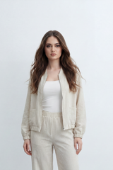 Women’s Tomato Store Pinstripe Flow Co-Ord Set Woven Texture Allover Vertical Stripe Print Zip Front Outfit