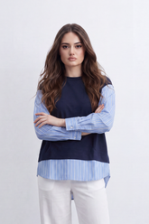 Women’s Tomato Store Layered Stripe Panel T-Shirt Solid Front Overlay Meets Vertical Stripe Back Panel Curved Longline Hem Mixed Texture