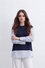Women’s Tomato Store Layered Stripe Panel T-Shirt Solid Front Overlay Meets Vertical Stripe Back Panel Curved Longline Hem Mixed Texture