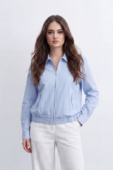 Women’s Tomato Store Stripe Zip Blouse Fine Vertical Stripe Pattern Front Zip Slant Pockets Gathered Hem Cropped Shape