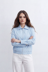 Women’s Tomato Store Utility Blouse Subtle Washed Grain Zip Front Patch Pocket Detail Slant Pockets
