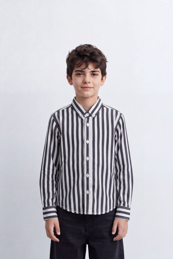 Boy's Tomato Store Crisp Cotton Poplin Shirt Bold Vertical Stripe Design Long Sleeve
