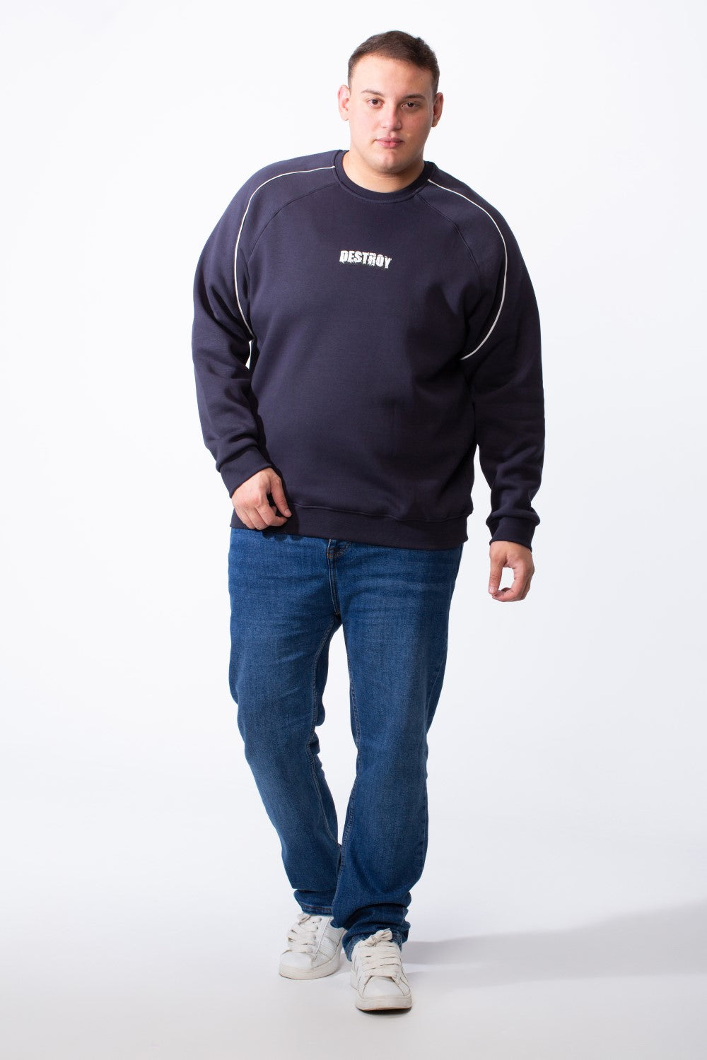 Men's big size navy melton sweatshirt with white piping detail and a crew neck.