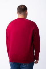 Rear view of a man wearing a big size burgundy crew neck sweatshirt with black piping on the shoulders.