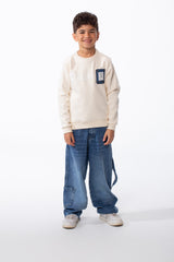 Boy's Long Sleeve Ribbed Cuffs Crew Neck Front Bold Text Casual Slim Fit Sweatshirt