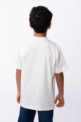 Rear view of a boy wearing a white ribbed crew neck t-shirt and blue jeans.