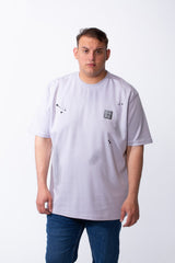 Men's Big Size T-Shirt Tomato Store Classic Ribbed Crew Neckline Distressed Paint Splatter Graphics With Bold Back Text Print