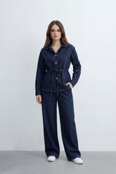 Women’s Tomato Store Denim Tie Waist Co-Ord Set With Washed Denim Texture Contrast Stitch Detailing Button Front Outfit
