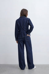 Women’s Tomato Store Denim Tie Waist Co-Ord Set With Washed Denim Texture Contrast Stitch Detailing Button Front Outfit