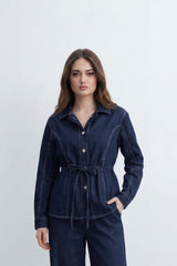 Women’s Tomato Store Denim Tie Waist Co-Ord Set With Washed Denim Texture Contrast Stitch Detailing Button Front Outfit