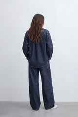 Women’s Tomato Store Soft Fade Chambray Set With Washed Denim Look Texture Subtle Slub Surface Wide Sleeves Outfit