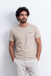 Men's Tomato Store Combed Cotton T-Shirt Minimal Chest Emblem Clean Crew Neck Short Sleeve Slim Fit