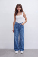 Women’s Tomato Store Sky Fade Wide Leg Jeans With Washed Denim Texture Soft Whisker Fade Effect Vertical Grain Pants