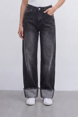 Women’s Tomato Store Cuffed Fade Wide Leg Jeans With Smoky Washed Denim Texture Soft Sanded Surface Vertical Fade Effect Pants