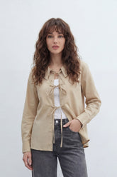 Women’s Tomato Store Tie Front Blouse With Smooth Woven Texture Plain Solid Surface Front Bow Tie Fastenings