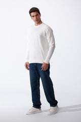 Men's Long Sleeve Classic Crew Neck Subtle Embossed Diagonal Line Pattern Across Front Textured Fabric Casual Every Day Wear Slim Fit Pullover