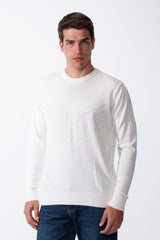 Men's Long Sleeve Classic Crew Neck Subtle Embossed Diagonal Line Pattern Across Front Textured Fabric Casual Every Day Wear Slim Fit Pullover