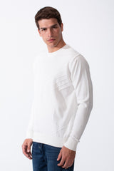 Men's Long Sleeve Classic Crew Neck Subtle Embossed Diagonal Line Pattern Across Front Textured Fabric Casual Every Day Wear Slim Fit Pullover
