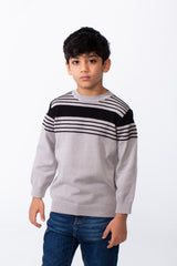 Boy's Crew Neck Knit Horizontal Stripes Fine-Rib Collar Cuffs Pullover