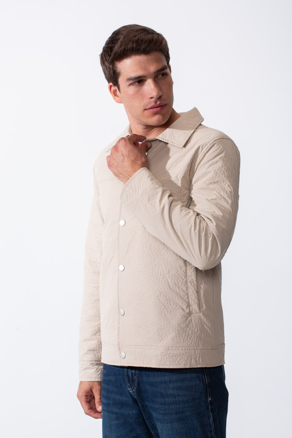 Men's Long Sleeves With Crinkled-Textured Fabric Provided Waterproof Classic Spread Neck Slim Fit Jacket