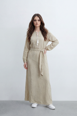 Women’s Tomato Store Desert Gauze Maxi Dress With Allover Cotton Crinkle Slub Texture Front Tassel Tie Detail Self Waist Belt Relaxed Flowing Fit