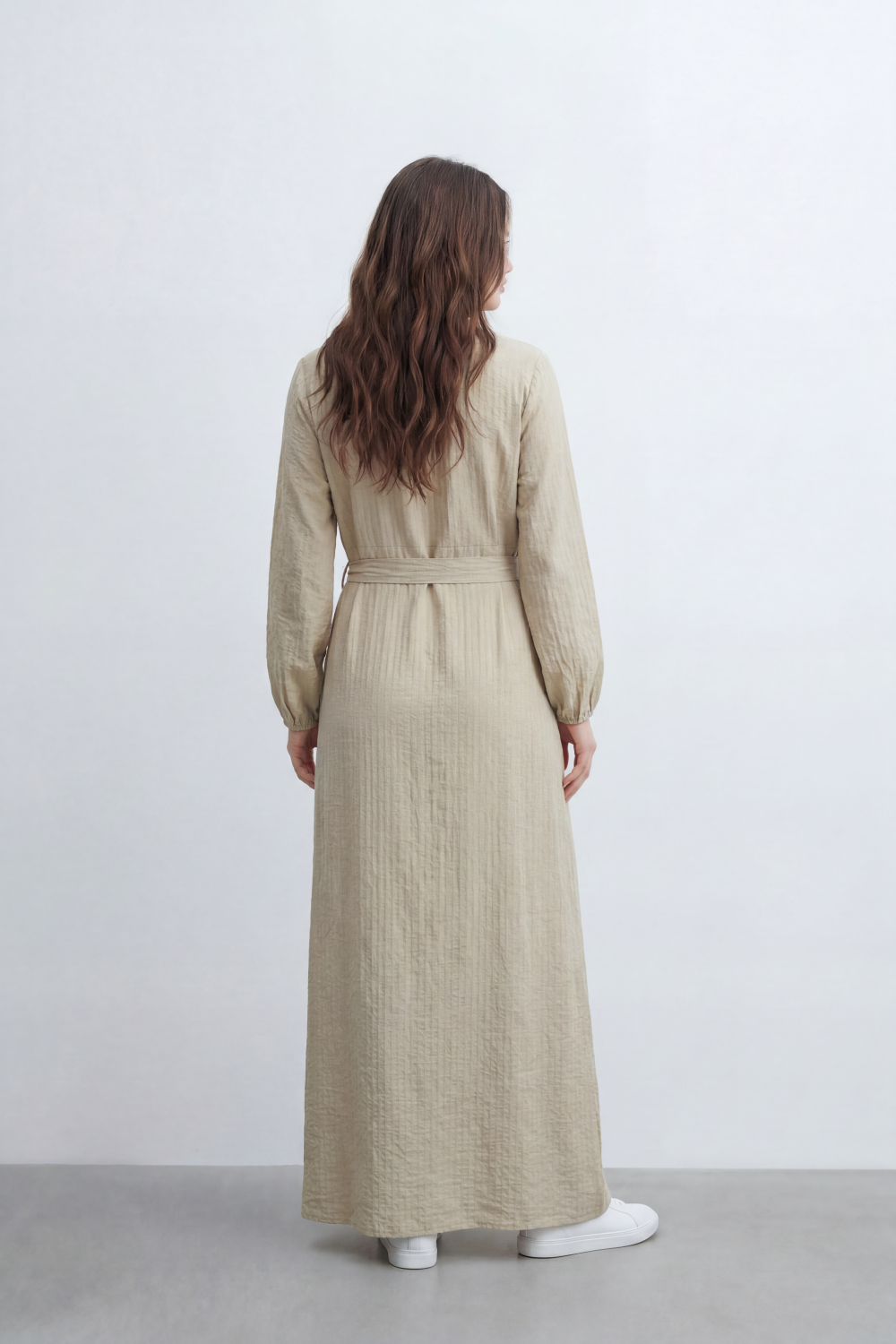 Women’s Tomato Store Desert Gauze Maxi Dress With Allover Cotton Crinkle Slub Texture Front Tassel Tie Detail Self Waist Belt Relaxed Flowing Fit