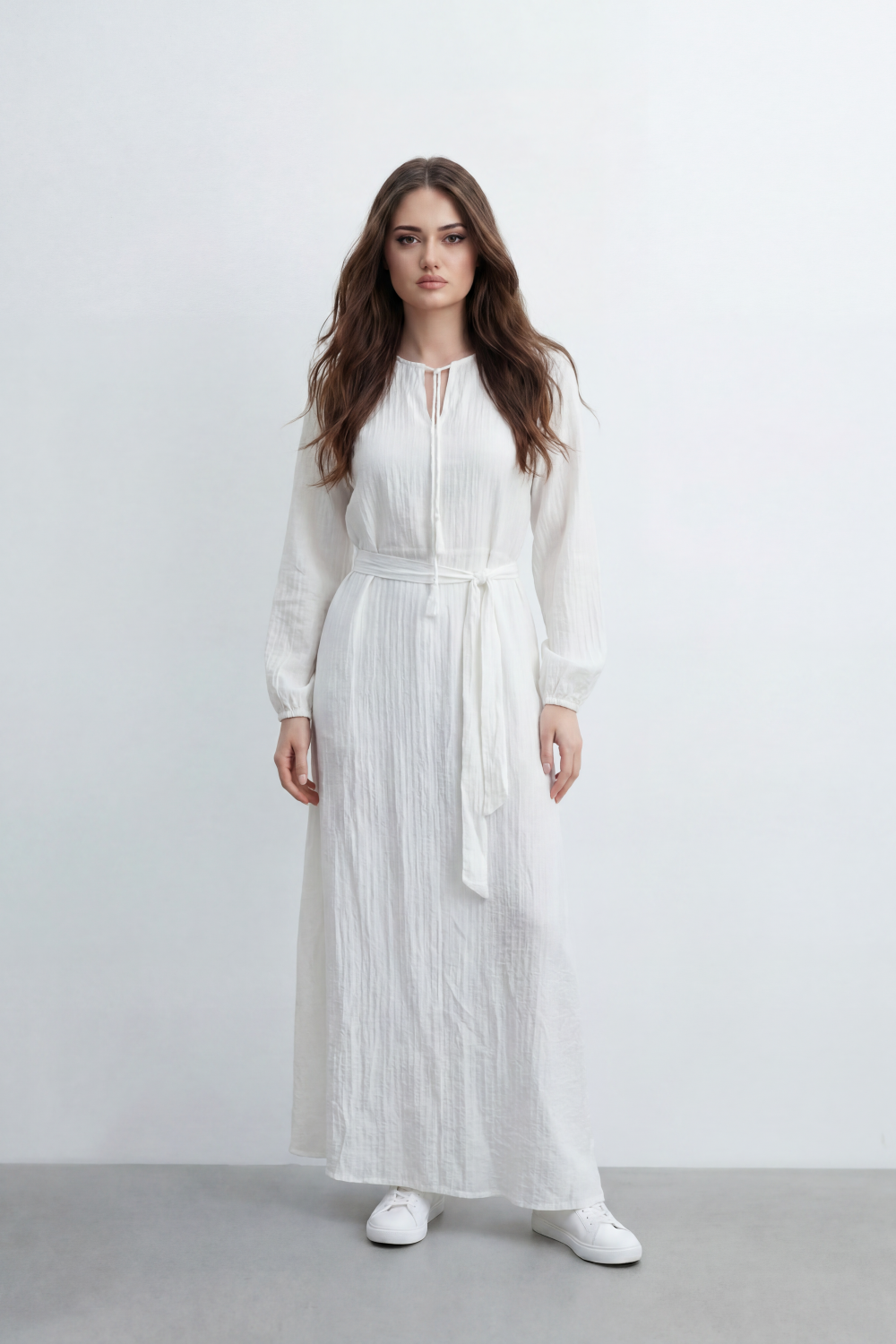 Women’s Tomato Store Desert Gauze Maxi Dress With Allover Cotton Crinkle Slub Texture Front Tassel Tie Detail Self Waist Belt Relaxed Flowing Fit