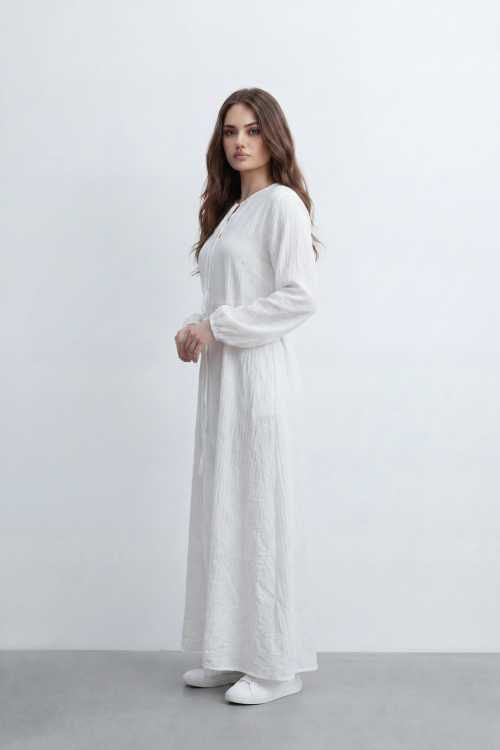 Women’s Tomato Store Desert Gauze Maxi Dress With Allover Cotton Crinkle Slub Texture Front Tassel Tie Detail Self Waist Belt Relaxed Flowing Fit