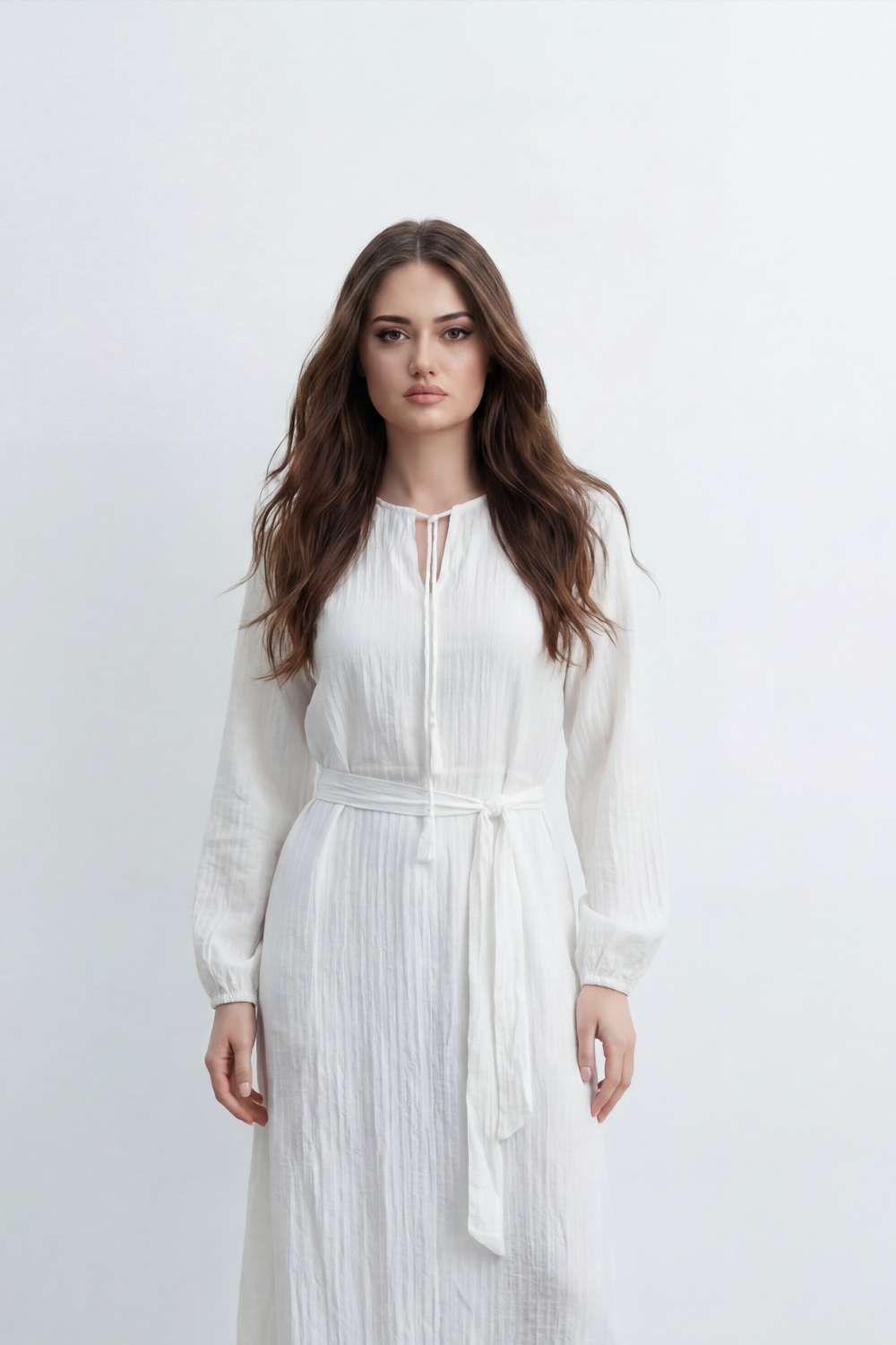 Women’s Tomato Store Desert Gauze Maxi Dress With Allover Cotton Crinkle Slub Texture Front Tassel Tie Detail Self Waist Belt Relaxed Flowing Fit