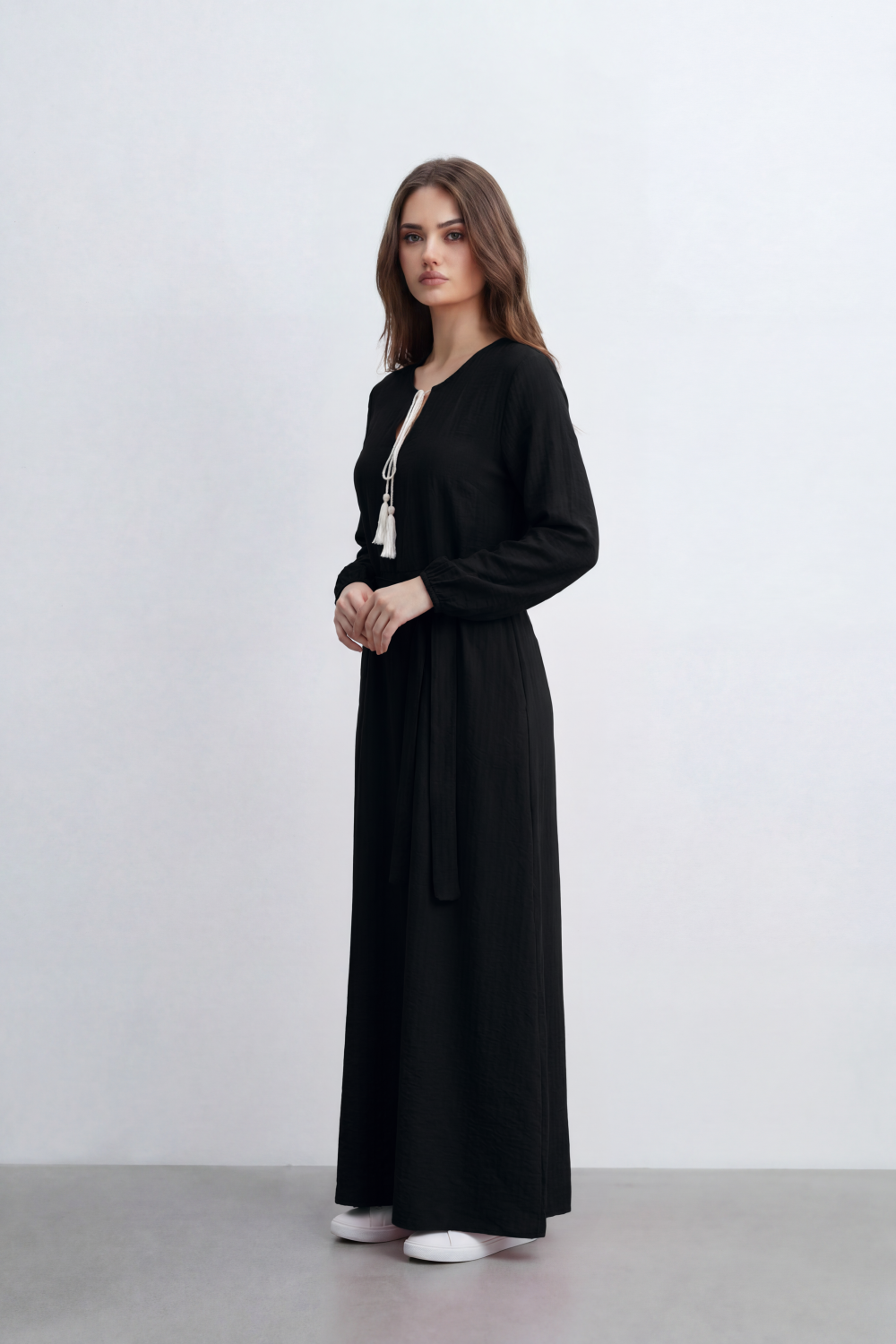 Women’s Tomato Store Desert Gauze Maxi Dress With Allover Cotton Crinkle Slub Texture Front Tassel Tie Detail Self Waist Belt Relaxed Flowing Fit