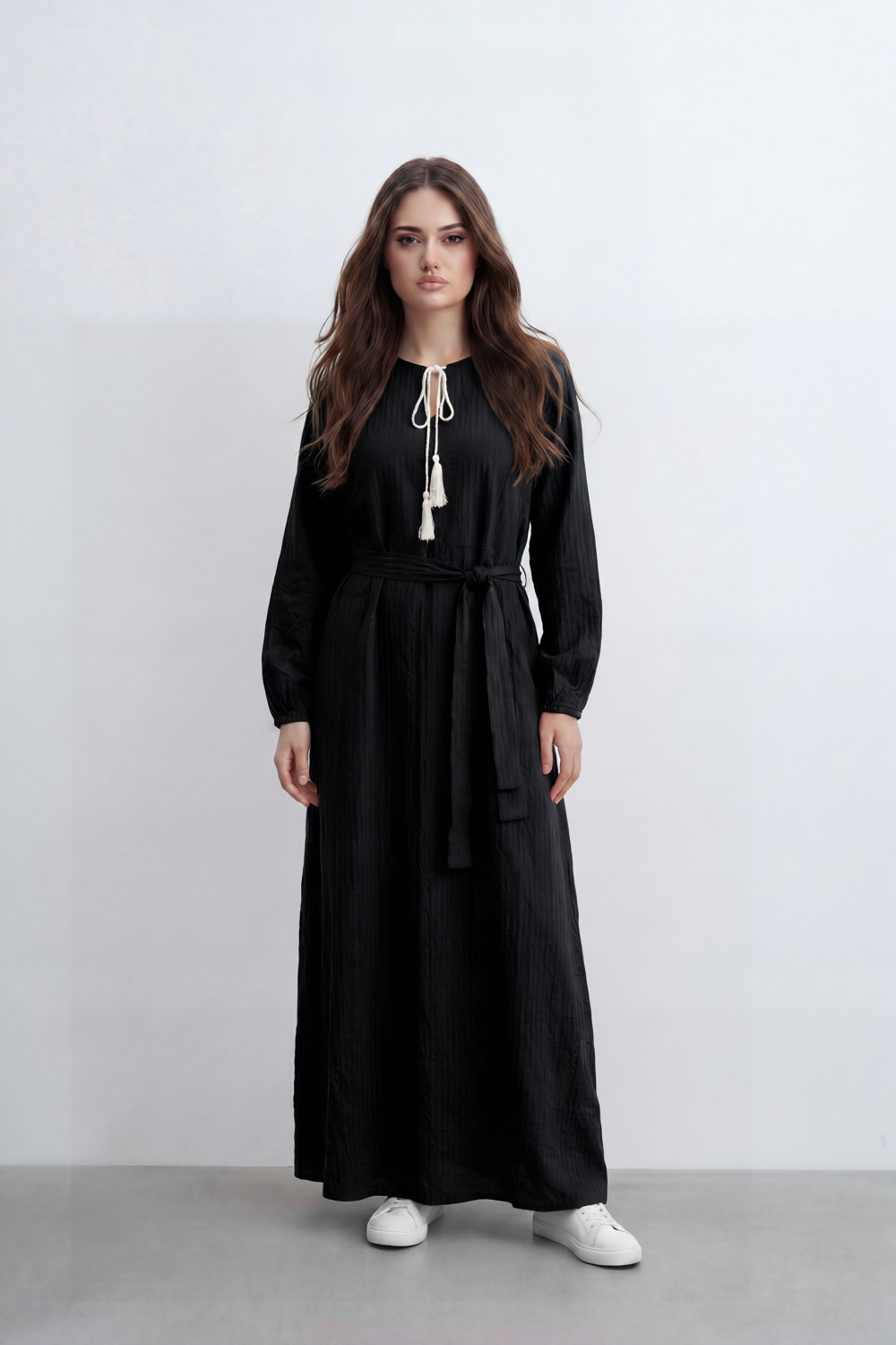 Women’s Tomato Store Desert Gauze Maxi Dress With Allover Cotton Crinkle Slub Texture Front Tassel Tie Detail Self Waist Belt Relaxed Flowing Fit