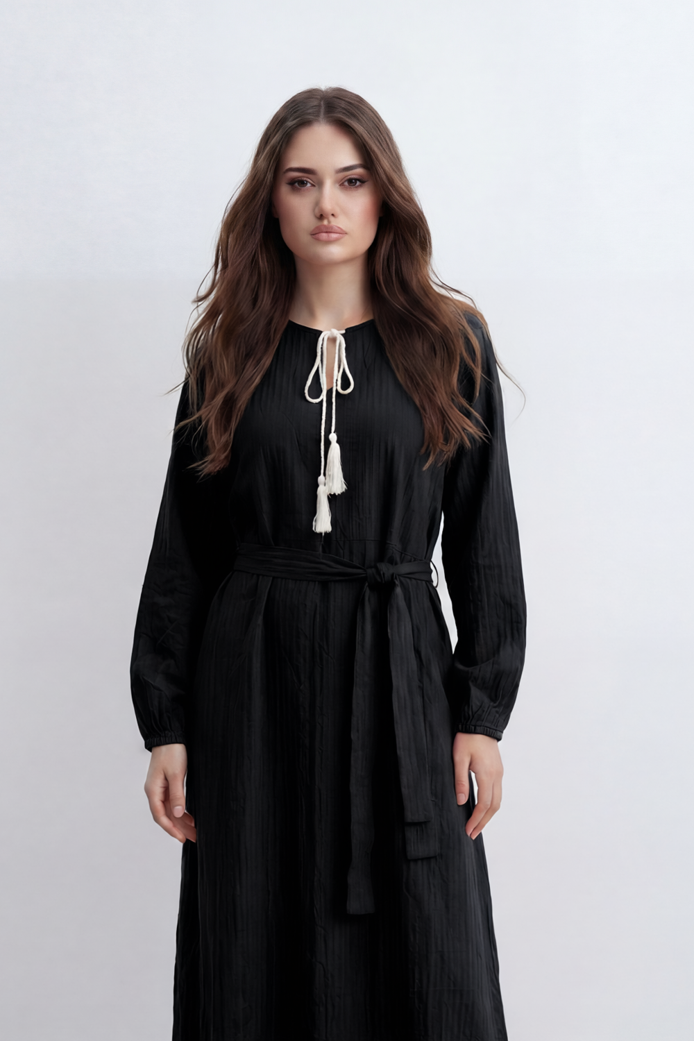 Women’s Tomato Store Desert Gauze Maxi Dress With Allover Cotton Crinkle Slub Texture Front Tassel Tie Detail Self Waist Belt Relaxed Flowing Fit